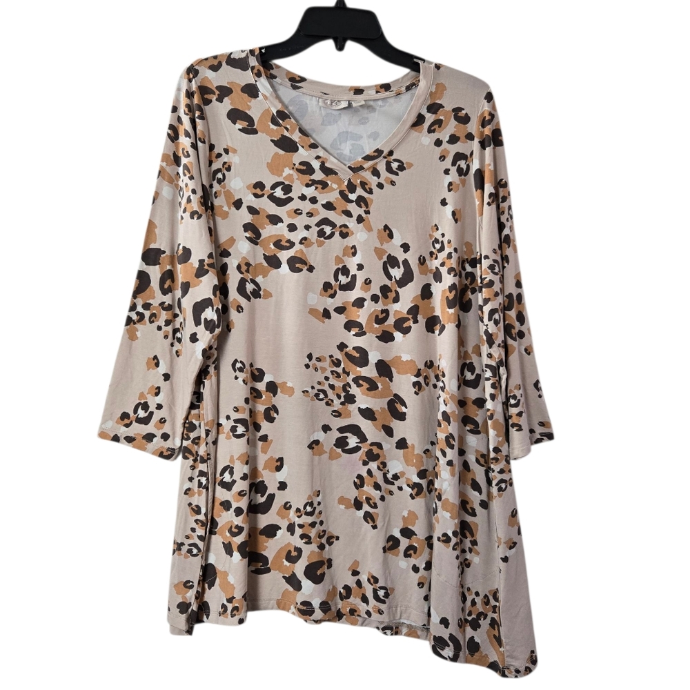 LOGO Lori Goldstein‎ Large Justina Animal Print Asymmetrical Tunic Top Pockets